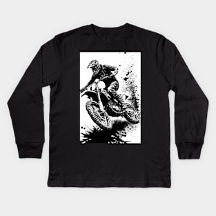 Dirt bike mid air - splashed ink - white background Kids Long Sleeve T-Shirt